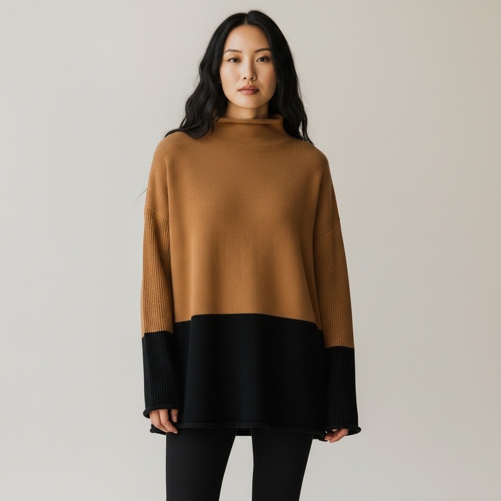 Tahari Women 1X Colorblock Mock Neck Sweater Camel Brown Black Oversized Knit
